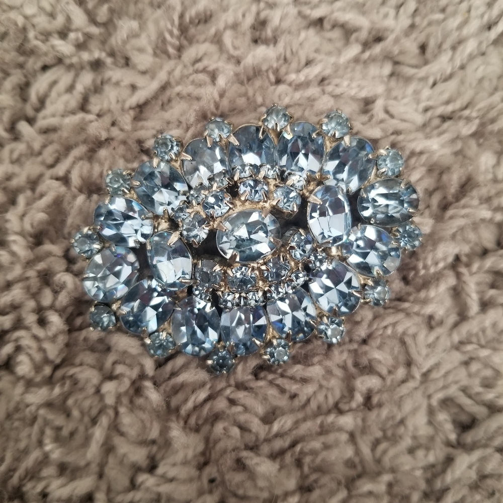 Vintage Light Blue Rhinestone Silver Brooch